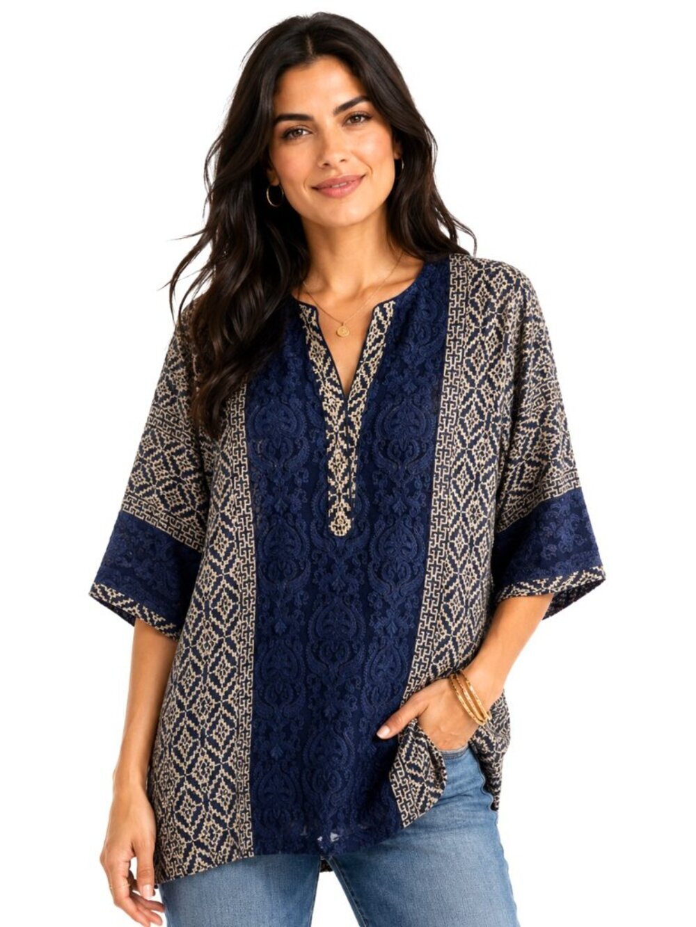 Agha Noor Navy Blue Tan Lace Tunic